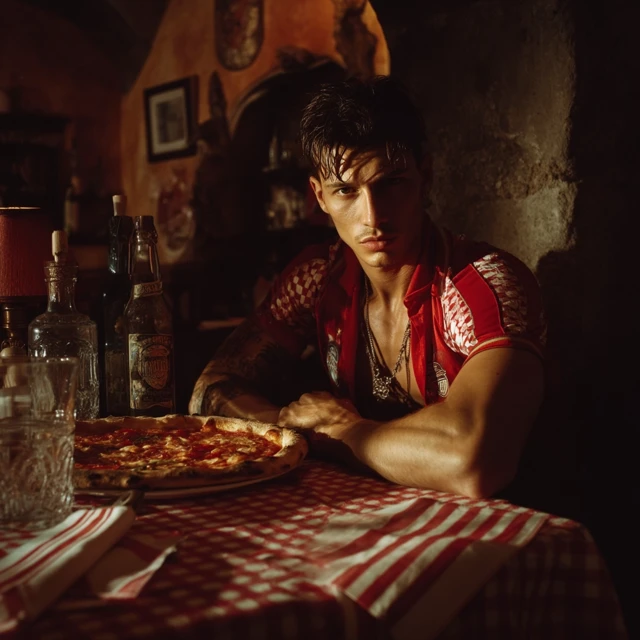 Arrogant Model Eating Pizza in Italian Restaurant