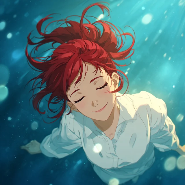 Anime Woman with Red Hair Peaceful Smile Illustration