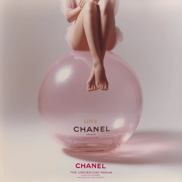 Chanel Perfume Ad Girl on Pink Bubble Hyperrealistic