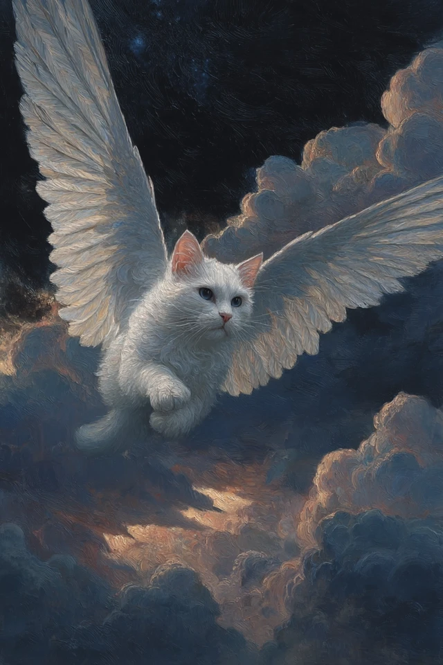 Angel Cat Painting Twilight Sky