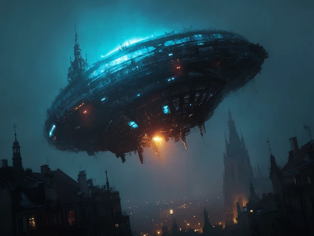 Mysterious High Tech UFO Over Cityscape