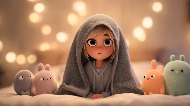 3D Animated Girl in Hoodie Surrounded by Plush Toys