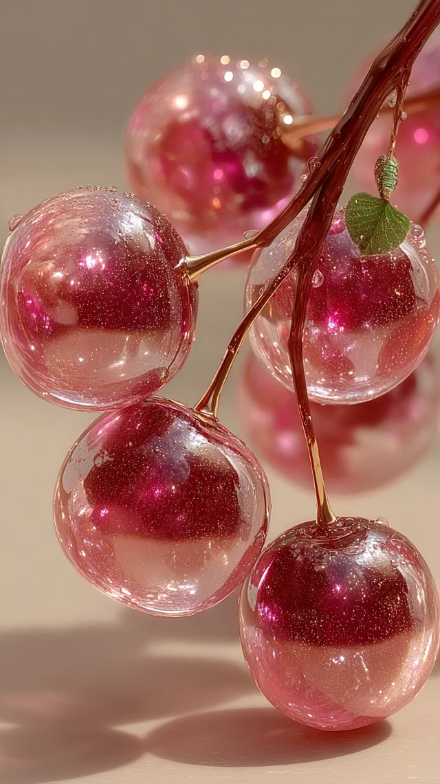 Glass Cherries Macro Shot with Dewdrops and Caterpillar