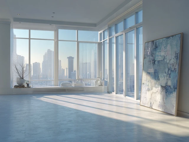 Modern Apartment Interior with City Skyline at Dawn
