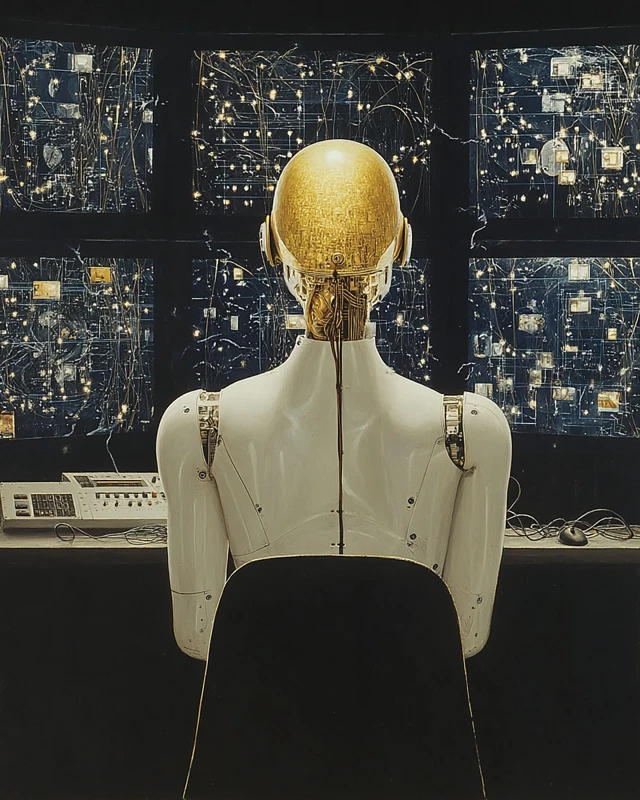 Cyborg Engineer in Future Lab Creating Humanoid Alien