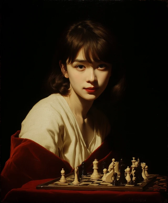 Asian Woman Playing Chess Caravaggisti Painting