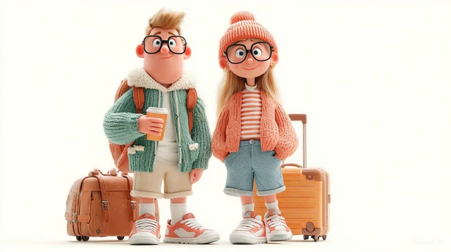 3D Cartoon Couple Traveling With Suitcases