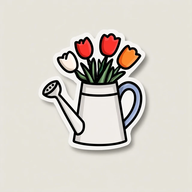 Cute Watering Can with Tulips Vector Sticker