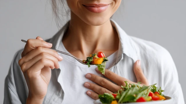 Woman Enjoying Healthy Food Roasted Veggies