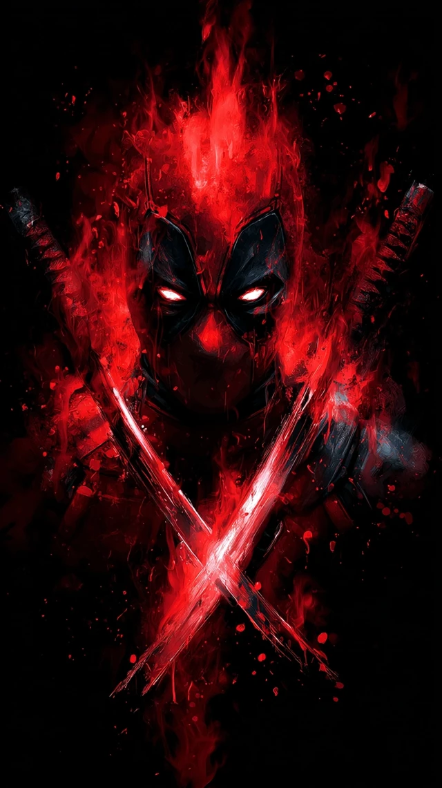 Deadpool Digital Art Fiery Red with Katanas