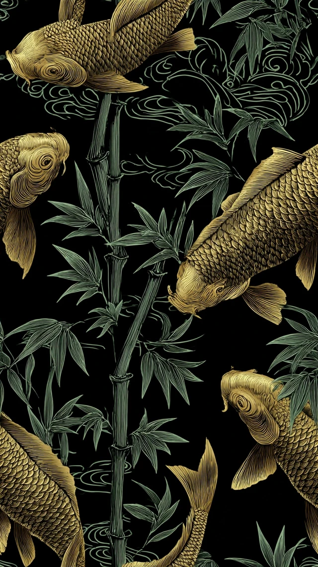 Oriental Engraving Carp Bamboo Black Background