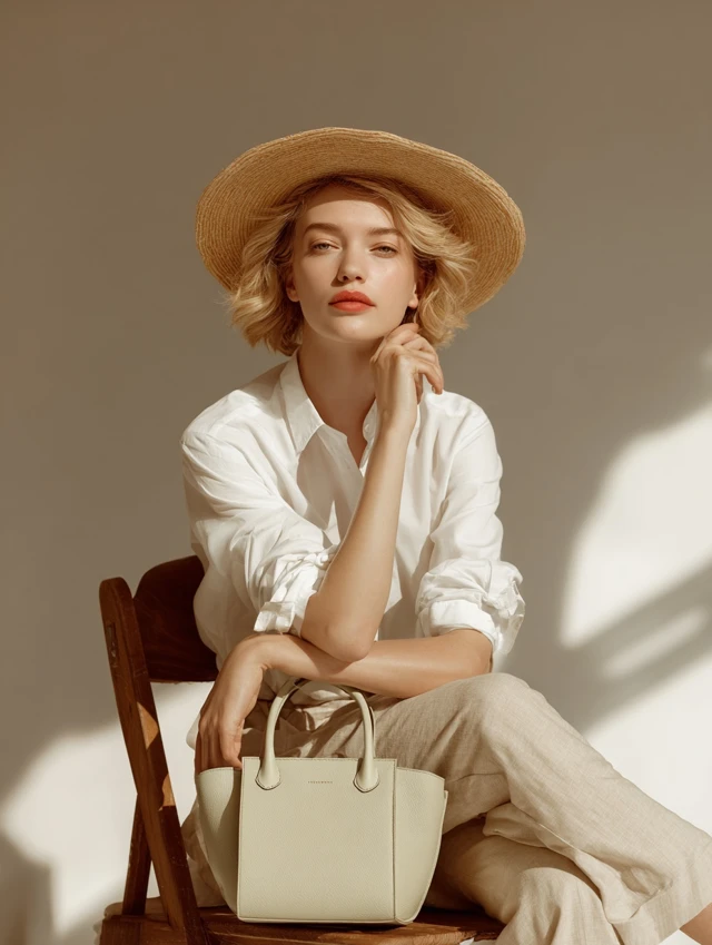 Elegant Woman in Straw Hat Editorial Photoshoot