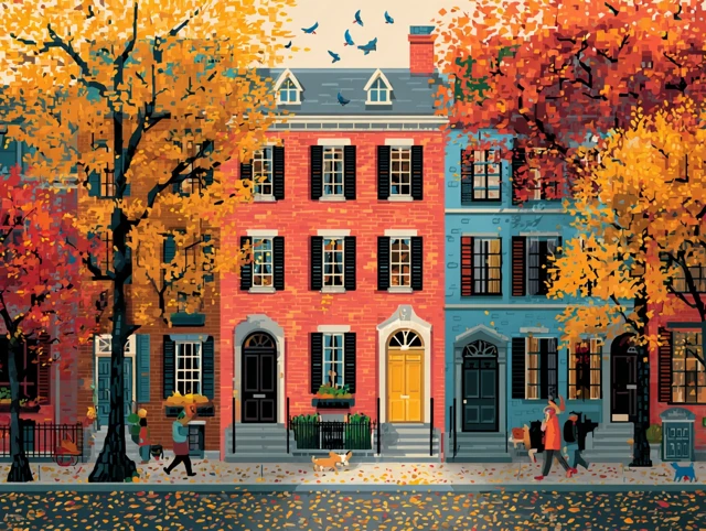 Autumn Scene Townhouse with Colorful Doorways