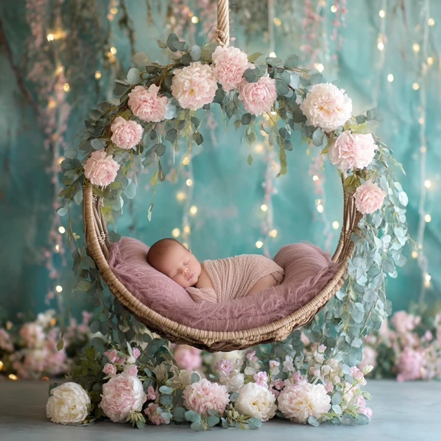 Newborn Baby Sleeping in Floral Swing Portrait