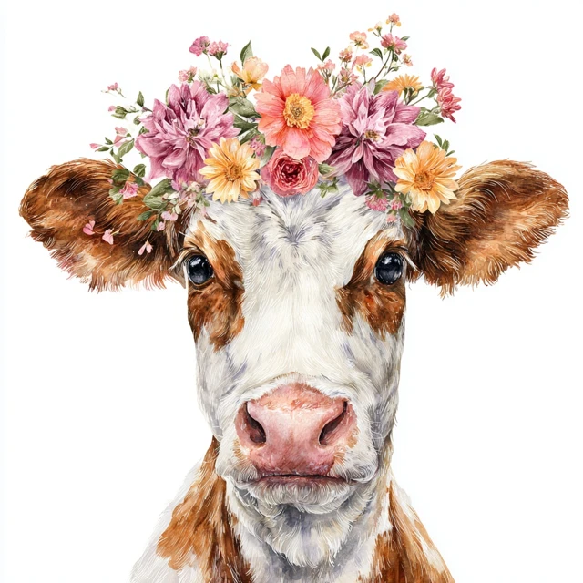 Cute Watercolor Cow with Flower Crown