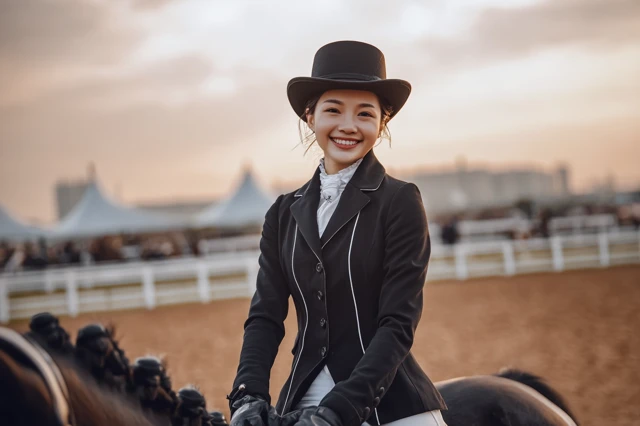 Equestrian Portrait Beautiful Chinese Girl Smiling on Horse