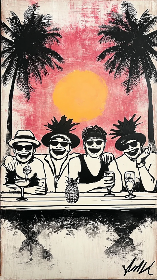 Beach Party Painting Friends with Drinks Sunglasses Palm Trees