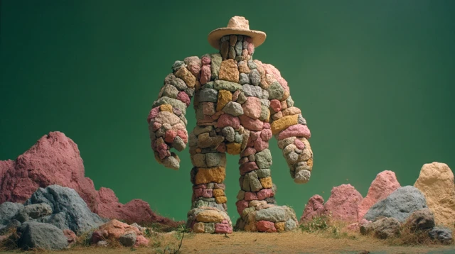 Pastel Rock Golem in Cowboy Hat Claymation Style