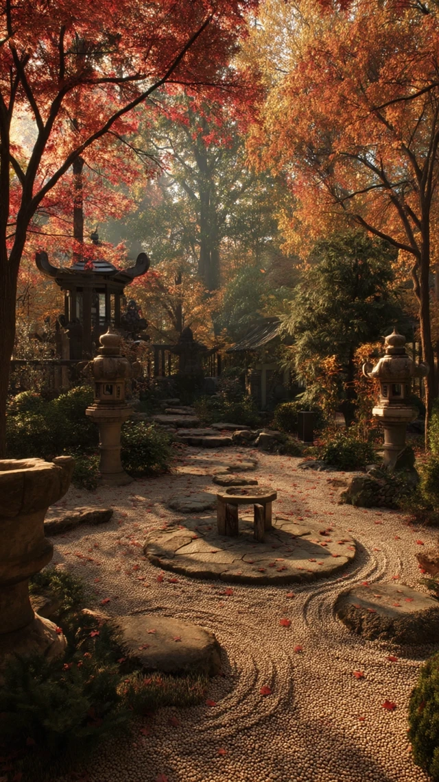 Zen Garden in Autumn: Stone Lanterns and Maple Trees