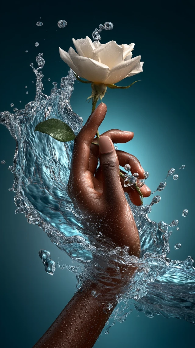 Hand with Rose and Water Cinematic Closeup