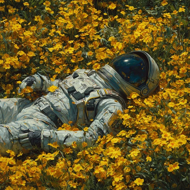 Astronaut in Yellow Flowers Artistic Hyperrealistic