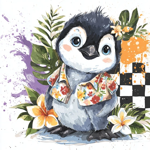 Baby Penguin in Hawaii Shirt Watercolor Art