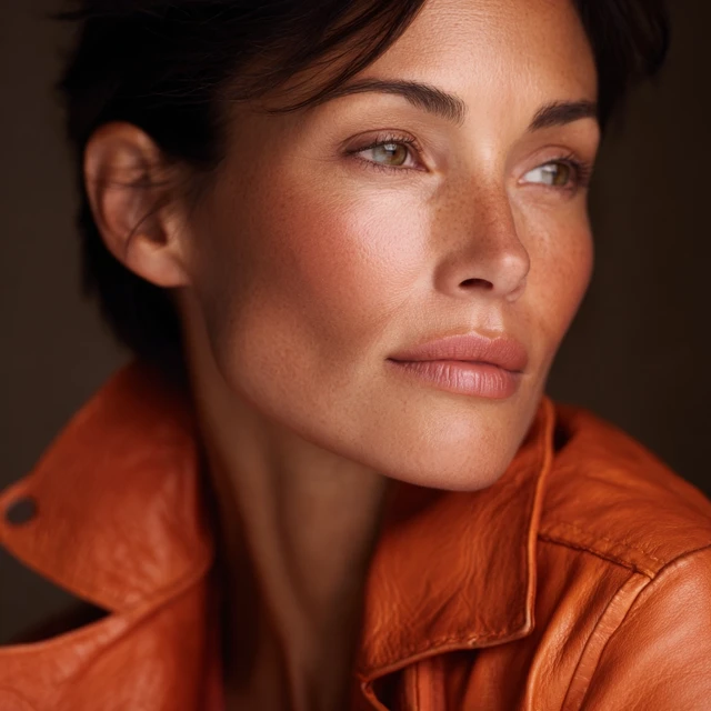 Model with Natural Skin and Orange Leather Jacket