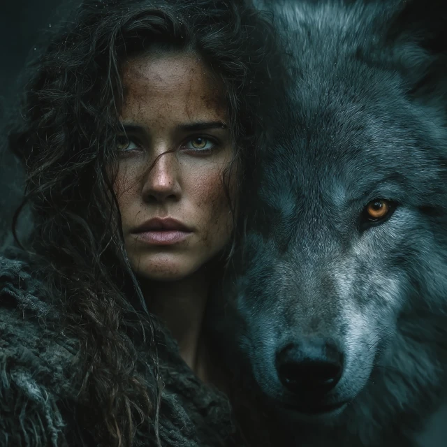 Woman and Wolf in a Mystical Forest