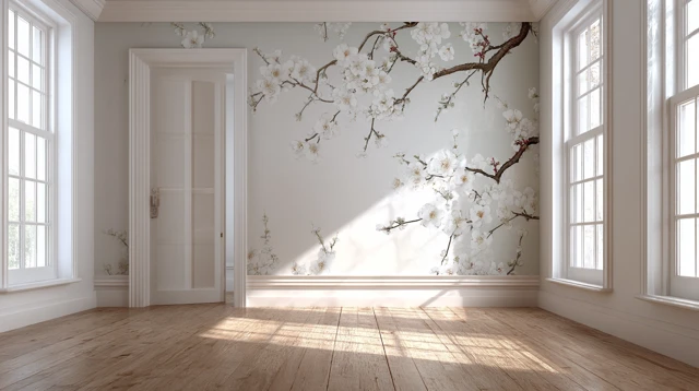 Modern Minimal Interior with Floral Wallpaper and Natural Light