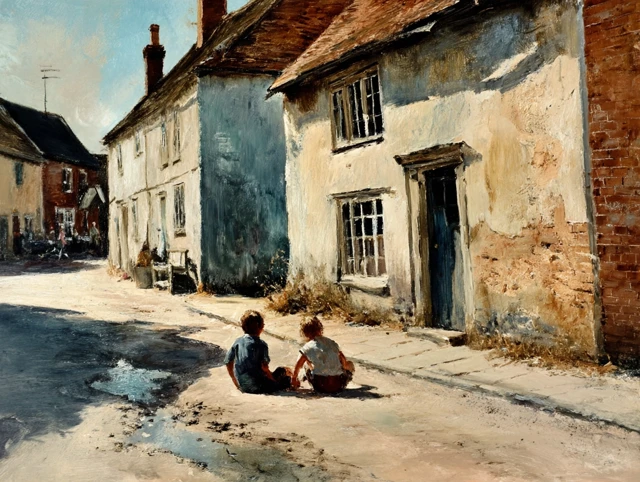 Oil Painting of UK House with Children Playing