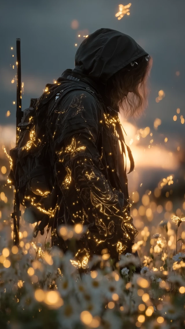 Lone Man in Black Techwear in Glowing Sunflower Field