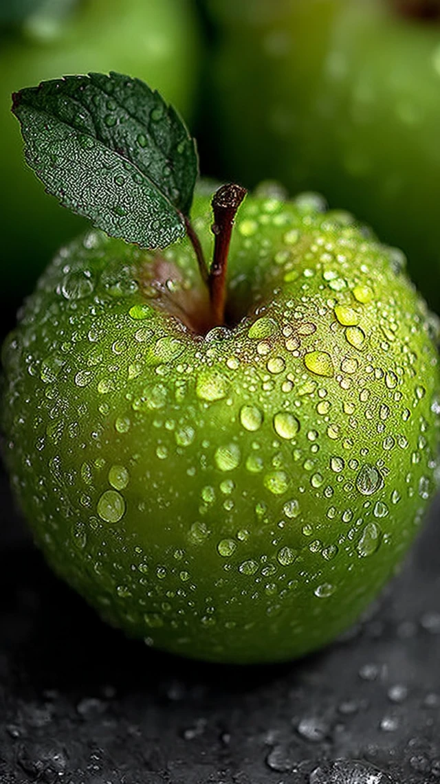 Green Apple with Water Droplets Nature Photography