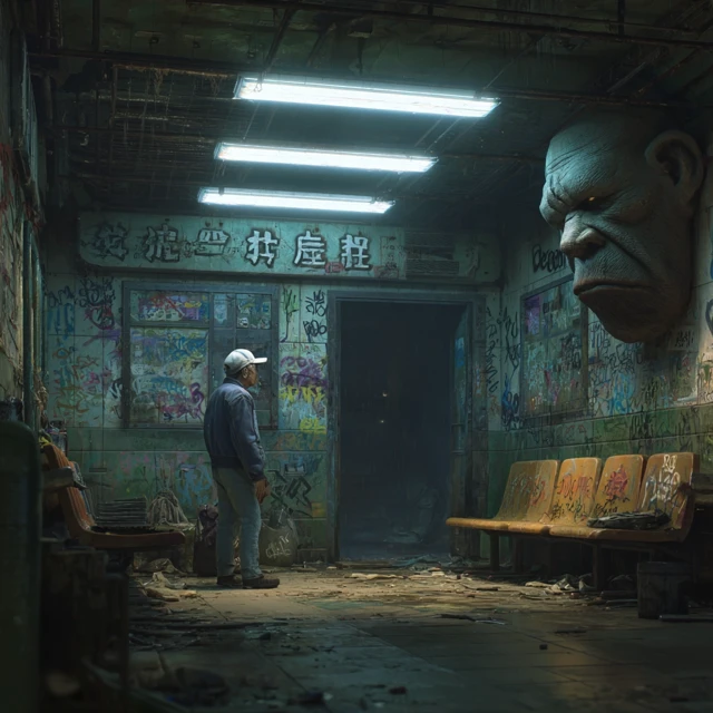 Decaying Subway Waiting Room Surreal Scene