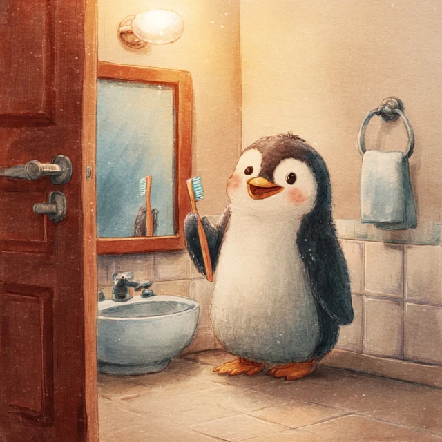 Cute Baby Penguin Brushing Teeth Illustration