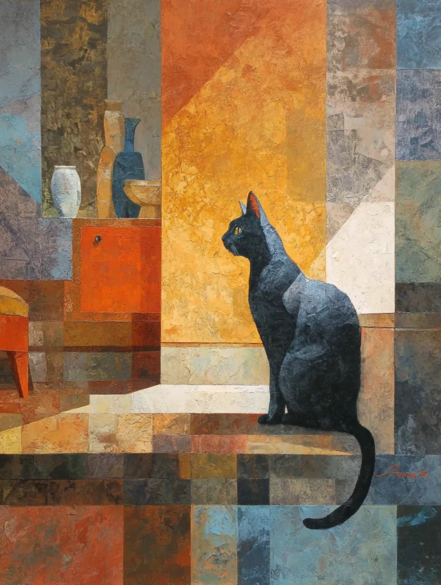 Abstract Cat Oil Painting Interior Scene