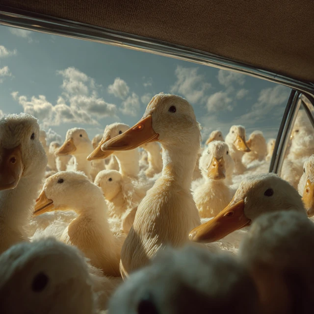 Ducks in a Car A Surreal Overflowing Scene