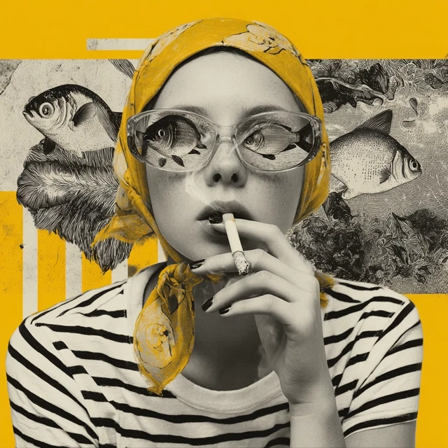 Surreal Portrait Girl with Fish Eyes and Cigarette