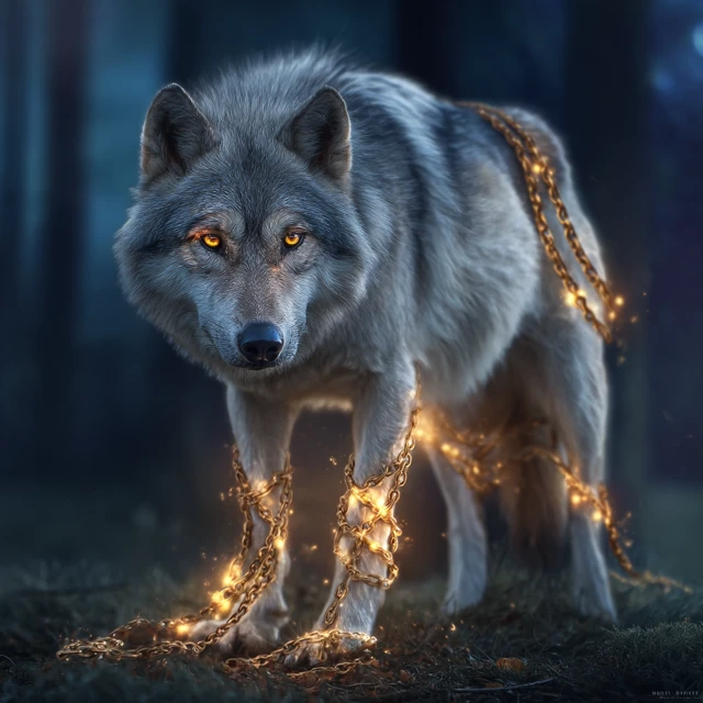 Fantasy Wolf with Glowing Eyes in Night Forest