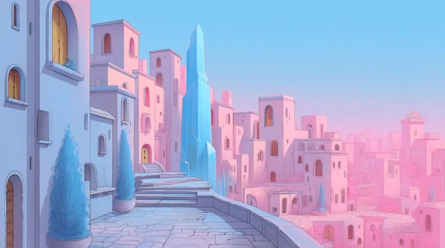 Anime Cityscape with Cyan Crystal and Surreal Atmosphere
