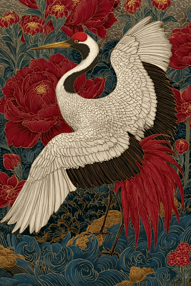 Retro Japanese Crane Art Kimono Pattern Wallpaper