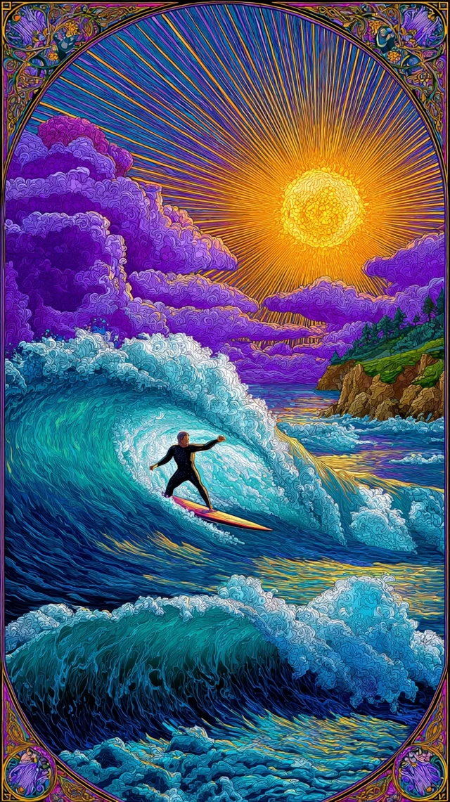 Surfer Riding Wave Art Nouveau Style
