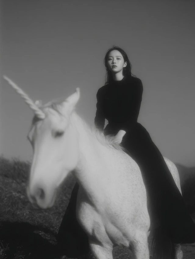 Japanese Woman on Unicorn Elegant Black and White Photo
