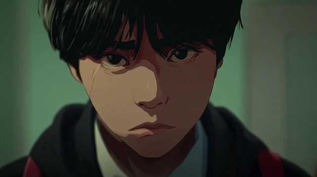 Anime Portrait of a Melancholic Boy In School Uniform