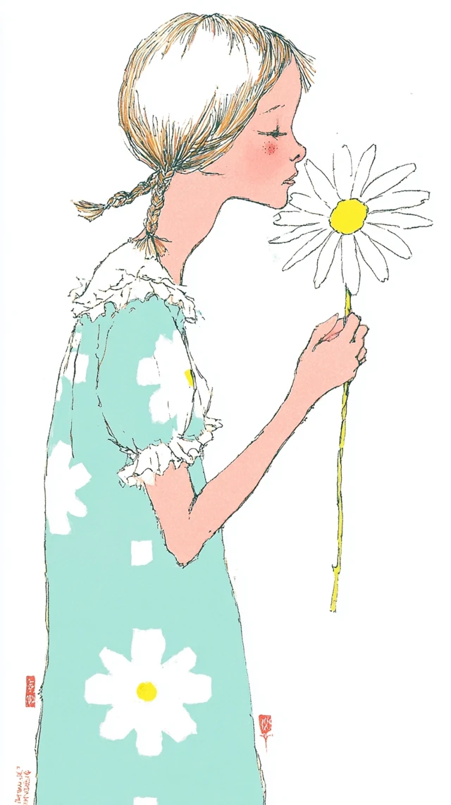 Vintage Girl Smelling Daisy Illustration