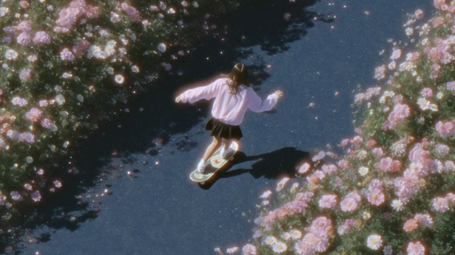 Korean Girl Skateboarding in Pink Flowers