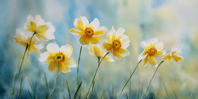 Watercolor Painting Yellow and White Flowers