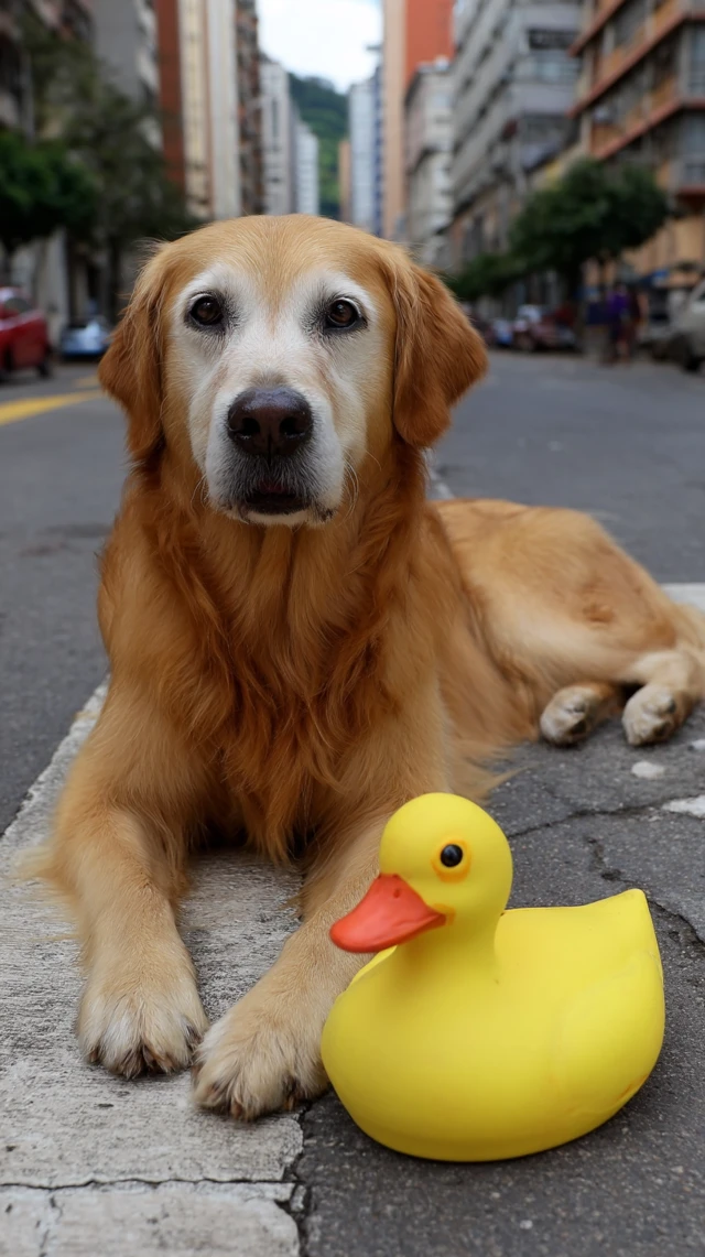 Golden Retriever and Rubber Duck Friendship