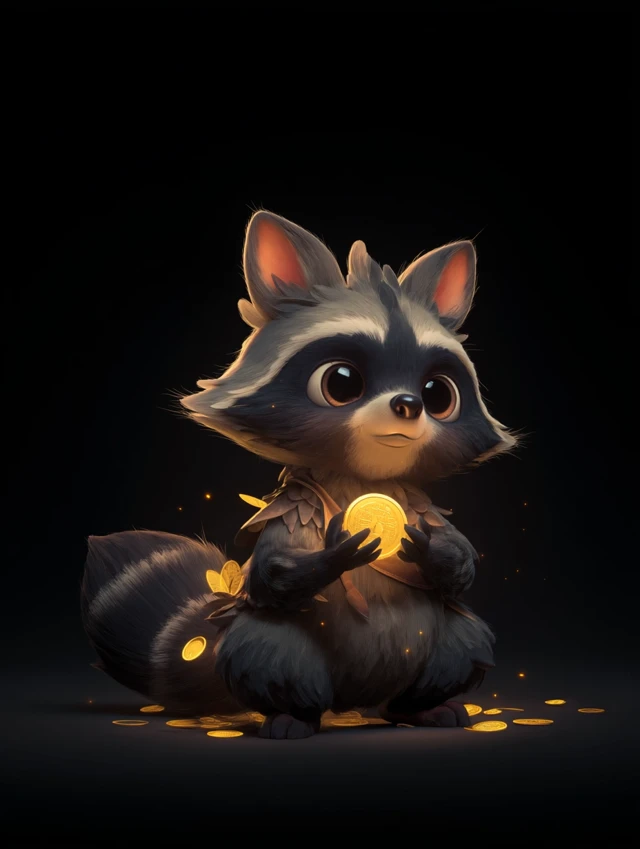Cute Raccoon Holding Gold Coin Shining