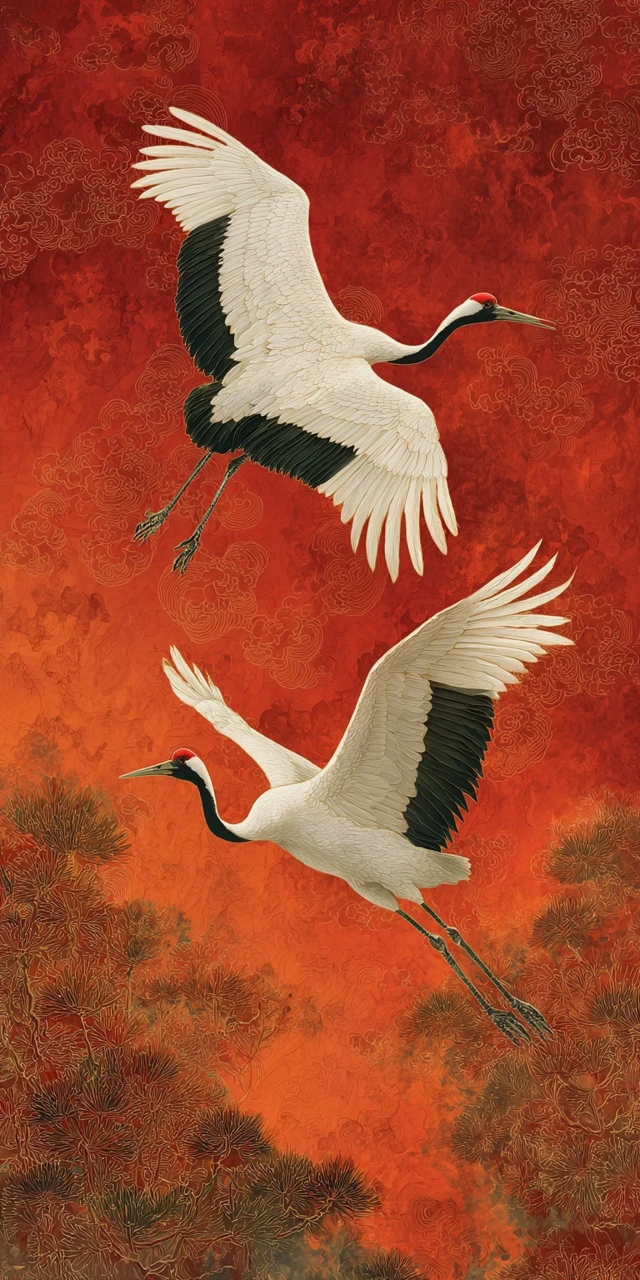 Red Crowned Cranes in Flight Chinese Art Painting