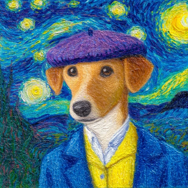 Dog in Beret and Suit Van Gogh Style Painting